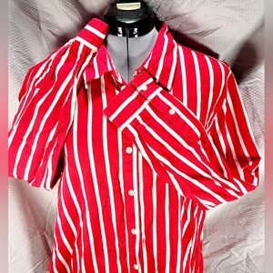 Gloria Vanderbilt Womens XL Collared Long Sleeve Red/White Button Down Dress Shi